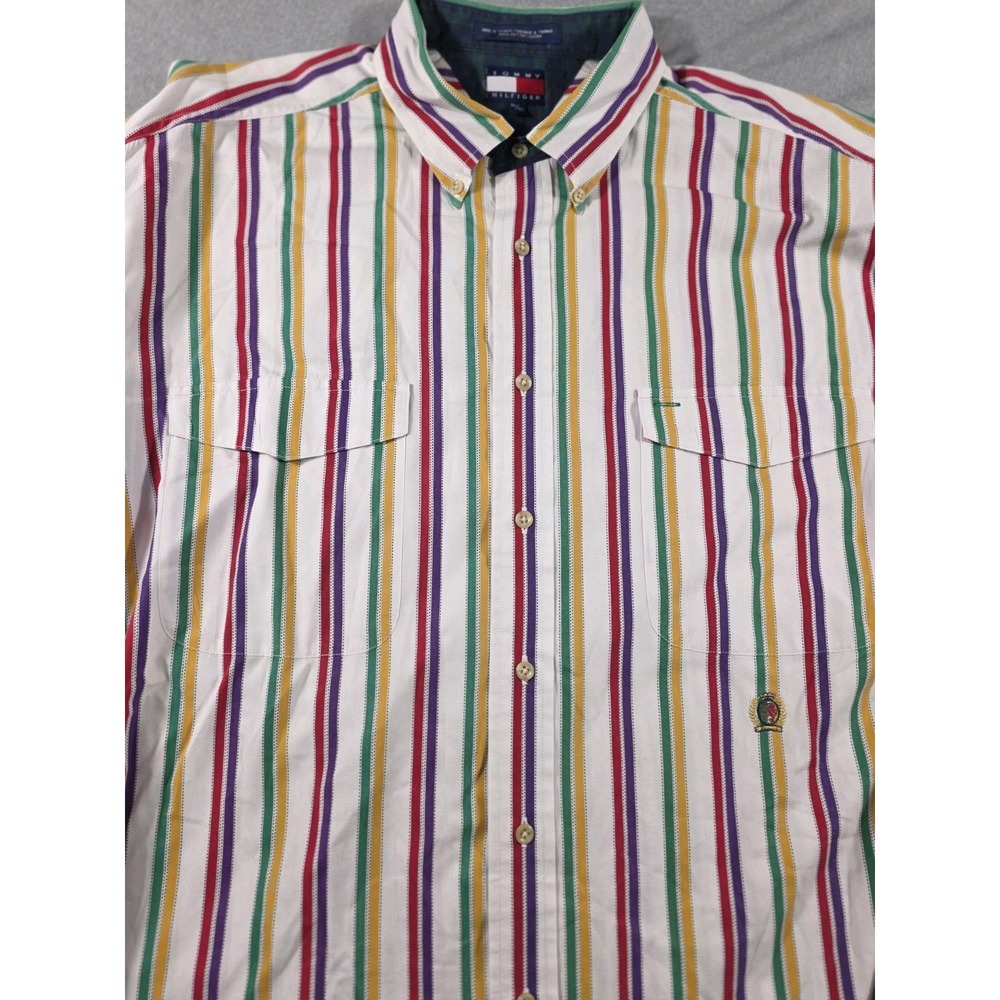 Vintage Tommy Hilfiger Shirt XL Crest Multi Color Striped Button Up 90s Crest